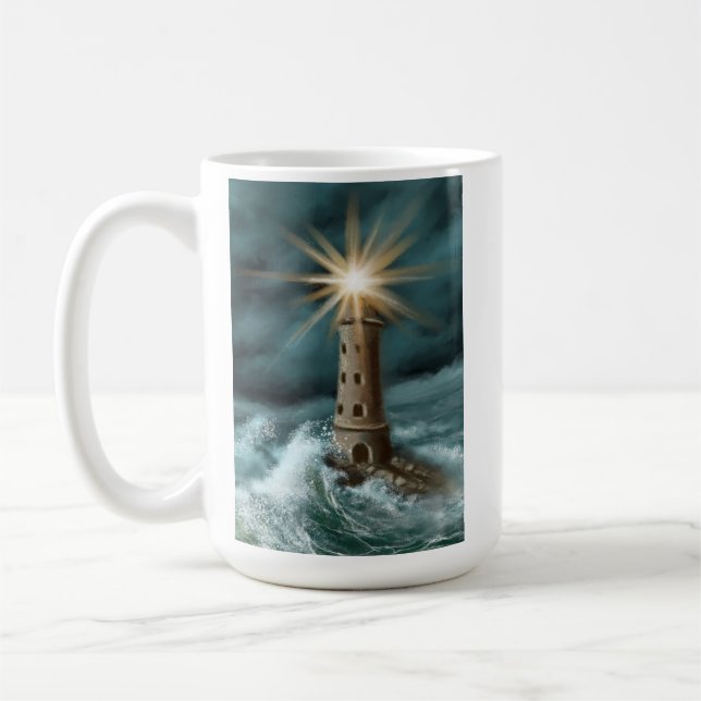 handritad och målad fyr vid havet kaffemugg (Vänster)