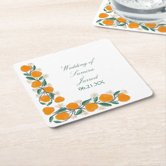 Handritad Orange Botanisk Abstrakt Bröllop Underlägg Papper Kvadrat (Vinklad)