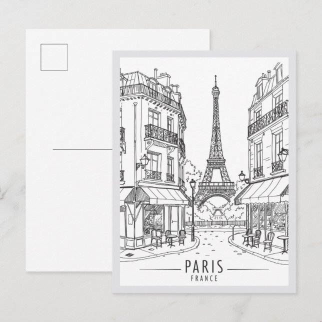 Handritad Paris Frankrike Scen Landmärke Vykort (Fram/baksida)