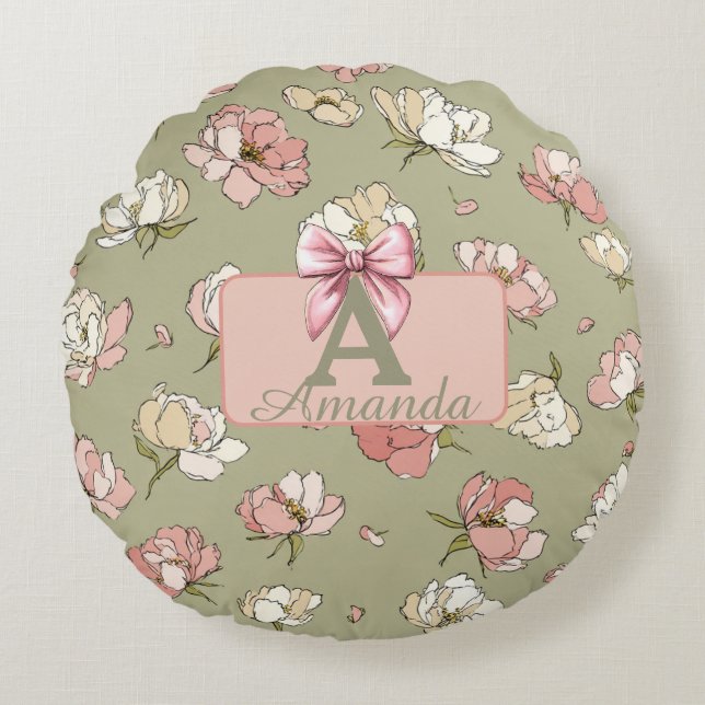 Handritad Peony Mönster Round Pillow Rund Kudde (Framsidan)