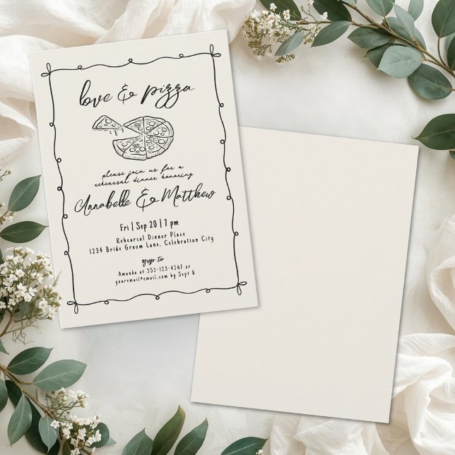 Handritad Pizza Bröllopsrepetition Middag Inbjudningar (Hand Drawn Pizza Wedding Rehearsal Dinner Invitation)