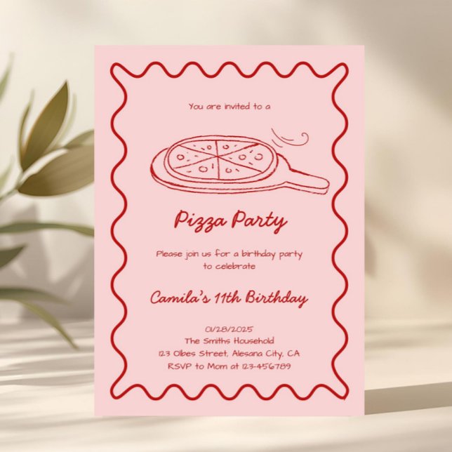 Handritad Pizza Födelsedagsinbjudan Whimsical Inbjudningar (Hand Drawn Pizza Birthday Invitation Whimsical)
