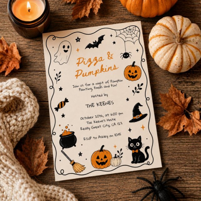 Handritad Pizza & Pumpa-målning Halloween  Inbjudningar (Pumpkin Painting Party Invitation, Hand Drawn Scribble Halloween Invite, Pizza & Pumpkins Party,)