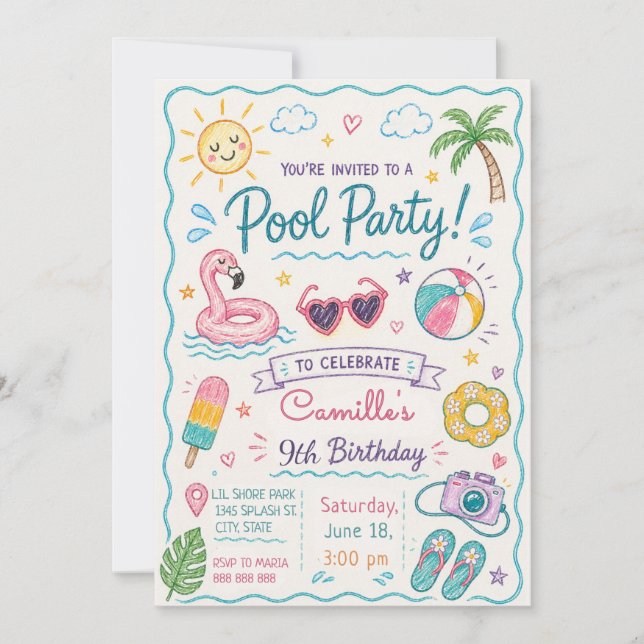 Handritad Pool Party Sommar Doodle Barnkalas Inbjudningar (Framsida)