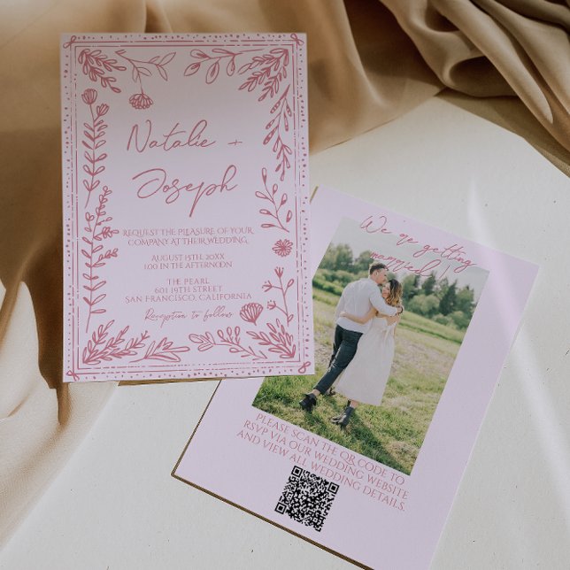 Handritad QR-kod Blommig Trädgård Foto Bröllop Inbjudningar (Skapare uppladdad)