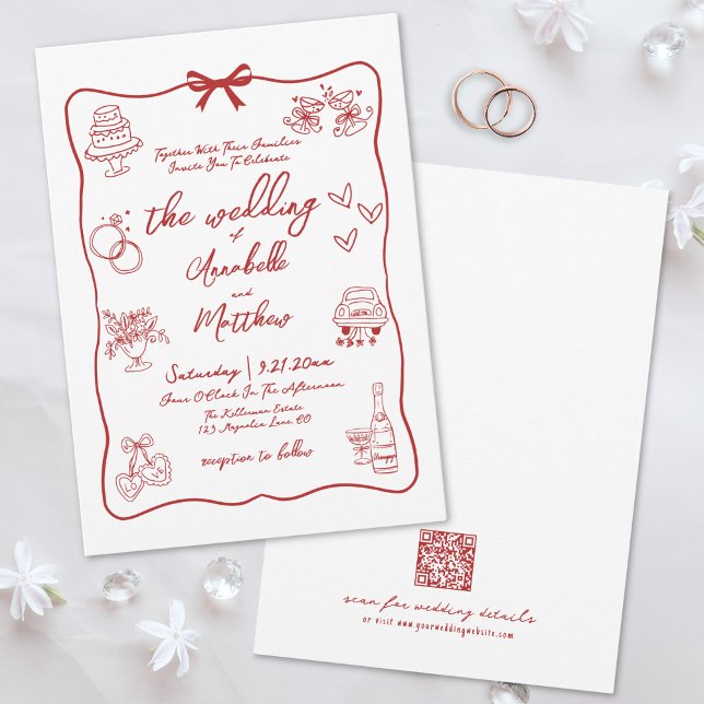 Handritad QR-kod Röd Whimsical Bröllop Inbjudningar (Hand Drawn QR Code Red Whimsical Wedding Invitation)