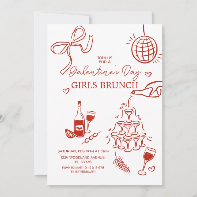 Handritad Red Galentine's Day Girls Brunch Inbjudningar (Framsida)