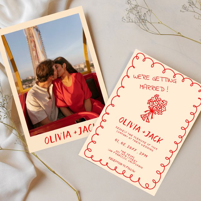 Handritad Retro Funky Vintage Foto Bröllop  Inbjudningar (Skapare uppladdad)