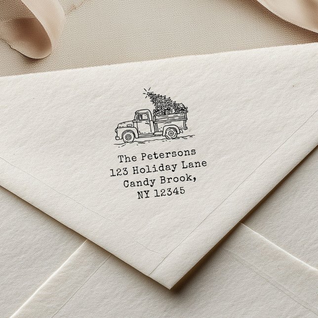 Handritad Retro-julfamiljen Lastbil Självfärgande Stämpel (Skapare uppladdad)