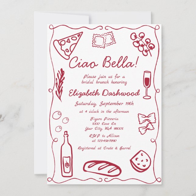Handritad Retro Röd Italiensk Bröllopsbrunch Inbjudningar (Framsida)