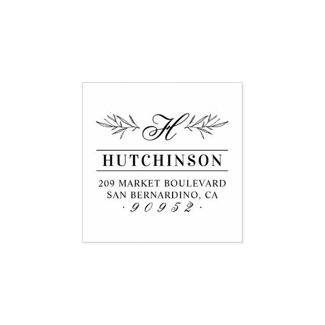 Handritad Returadress för Löv i familjen Monogram Stämpel (Tryck)