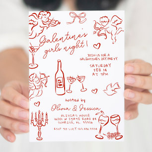 Handritad röd Galentine's tjejkvällsfest  Inbjudningar