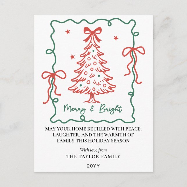 Handritad röd grön slinga ram jul helg vykort (Framsida)