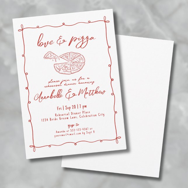 Handritad röd kärlekspizza för middag inför bröllo inbjudningar (Hand Drawn Red Love Pizza Wedding Rehearsal Dinner Invitation)