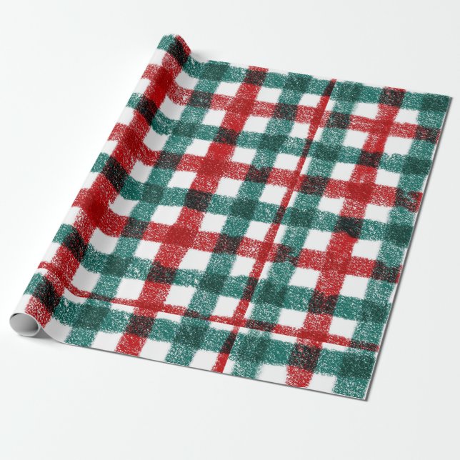 Handritad röd och grön julplaid-mönster presentpapper (Utrullad)