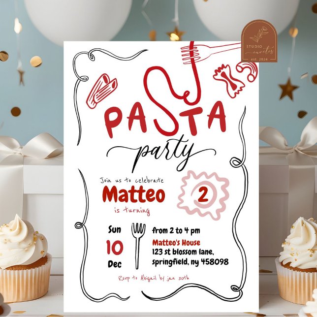 Handritad röd pasta fest födelsedag inbjudningar (Skapare uppladdad)