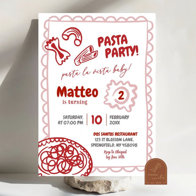 Handritad röd pizza pasta födelsedagsfest inbjudningar (Skapare uppladdad)