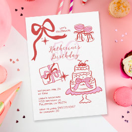 Handritad röd rosa klotter 50-års födelsedagsfest inbjudningar