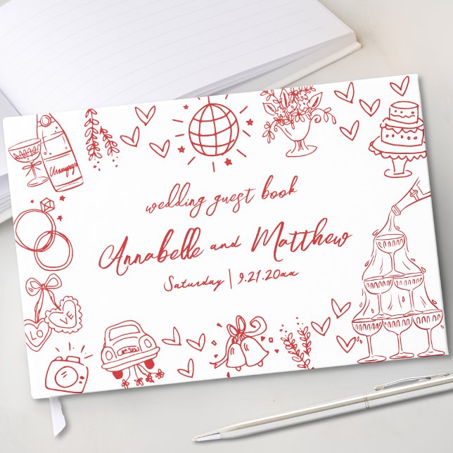 Handritad Röd Whimsical Bröllop Gästböcker (Hand Drawn Red Whimsical Wedding Guest Book)