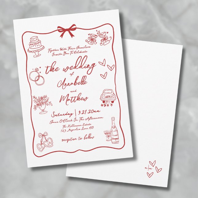 Handritad Röd Whimsical Bröllop Inbjudningar (Hand Drawn Red Whimsical Wedding Invitation)