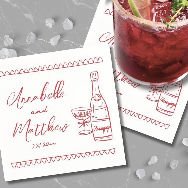 Handritad Röd Whimsical Bröllop Pappersservett (Hand Drawn Red Whimsical Wedding Napkins)