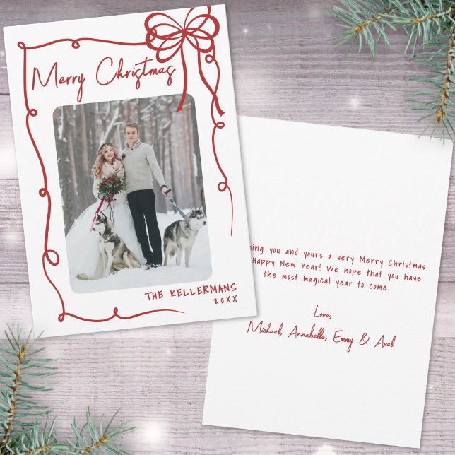 Handritad Röd Whimsical Foto Jul Julkort (Hand Drawn Red Whimsical Photo Christmas Holiday Card)
