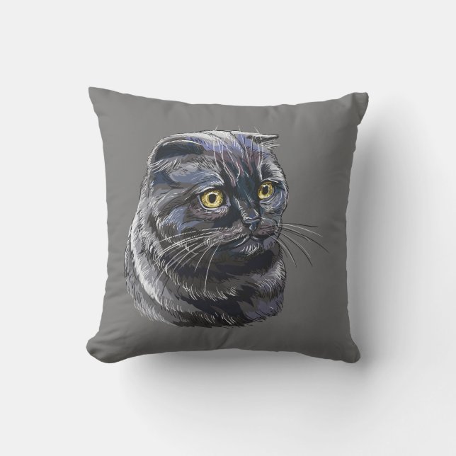 Handritad rolig och fluffig svart brittisk katt. kudde (Framsida)