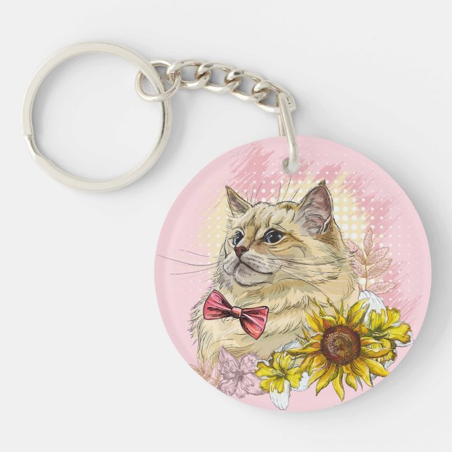 Handritad rolig röd Ragdoll katt med blommor (Framsidan)