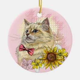 Handritad rolig röd Ragdoll katt med blommor Julgransprydnad Keramik
