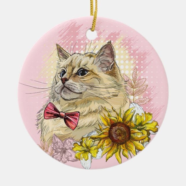Handritad rolig röd Ragdoll katt med blommor Julgransprydnad Keramik (Framsidan)