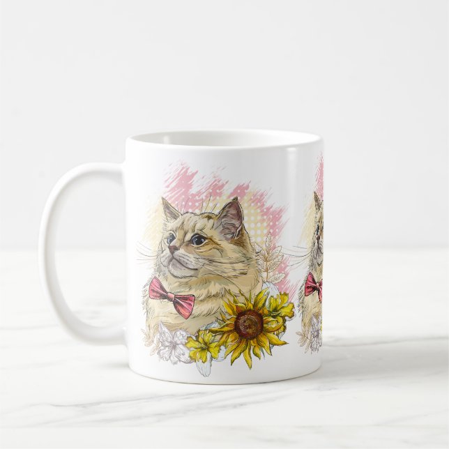Handritad rolig röd Ragdoll katt med blommor Kaffemugg (Vänster)