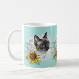 Handritad rolig söt thailändsk katt med blommor kaffemugg