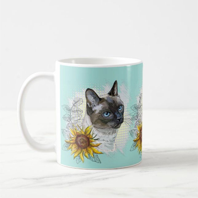 Handritad rolig söt thailändsk katt med blommor kaffemugg (Vänster)