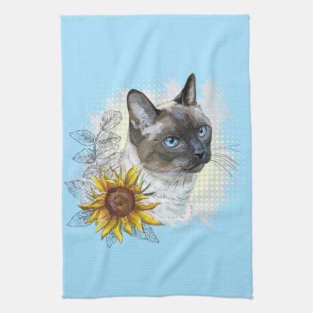 Handritad rolig söt thailändsk katt med blommor kökshandduk (Vertikal)