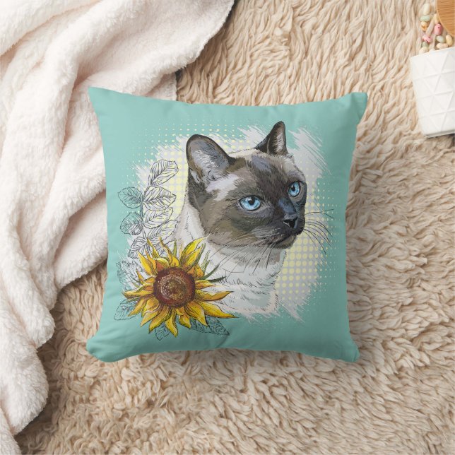 Handritad rolig söt thailändsk katt med blommor kudde (Filt)