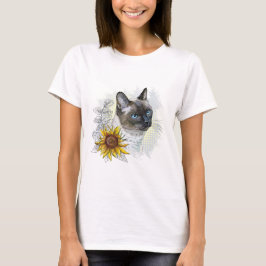 Handritad rolig söt thailändsk katt med blommor t shirt