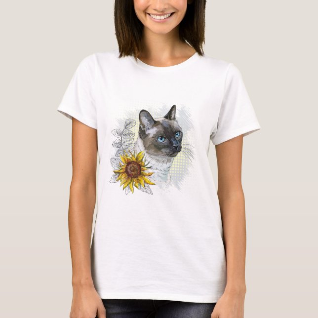 Handritad rolig söt thailändsk katt med blommor t shirt (Framsida)