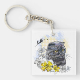 Handritad rolig svart brittisk katt med blommor