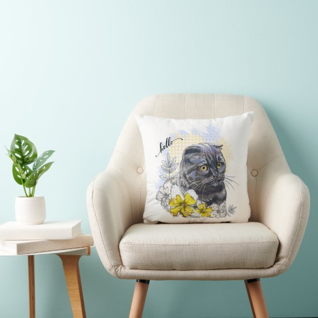 Handritad rolig svart brittisk katt med blommor kudde (Stol)
