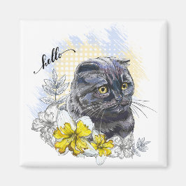 Handritad rolig svart brittisk katt med blommor magnet