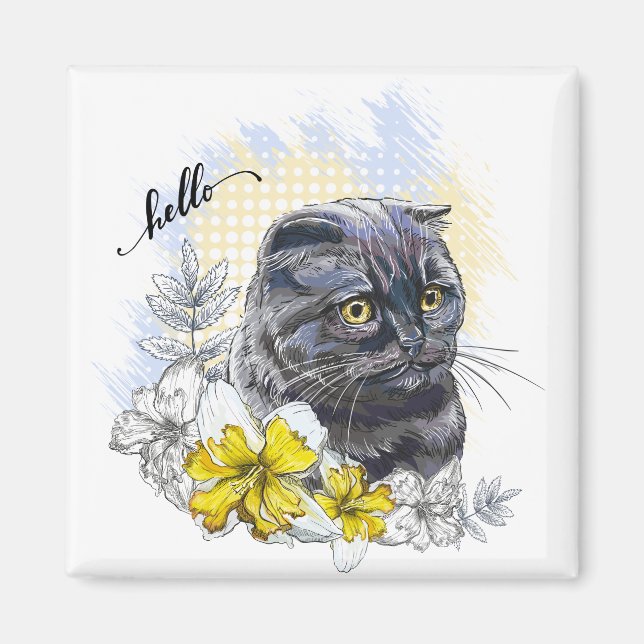 Handritad rolig svart brittisk katt med blommor magnet (Framsidan)