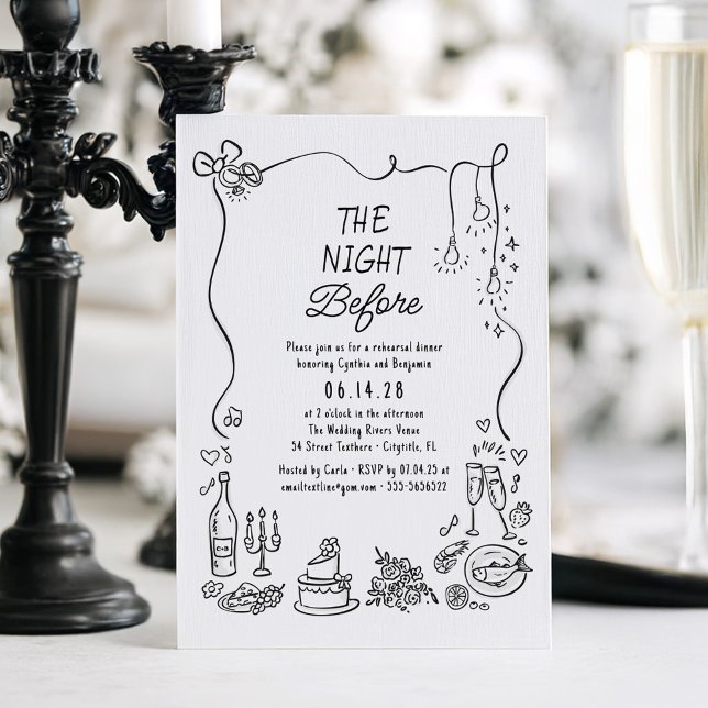 Handritad Rollig Whimsisk Övningsmiddag Inbjudningar (The Night Before Whimsical Funky Hand-drawn Rehearsal Dinner Invitation)