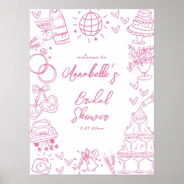 Handritad Rosa Bröllopsdusch Välkomstskylt Poster (Framsidan)