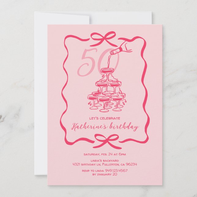 Handritad Rosa Champagne 50-års Födelsedagsfest Inbjudningar (Framsida)