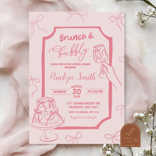 Handritad Rosa Coquette Brunch och Bubbly Inbjudningar (Skapare uppladdad)