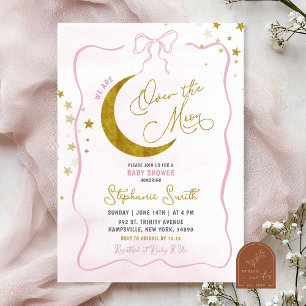 Handritad Rosa Coquette Över Månen Baby Shower Inbjudningar