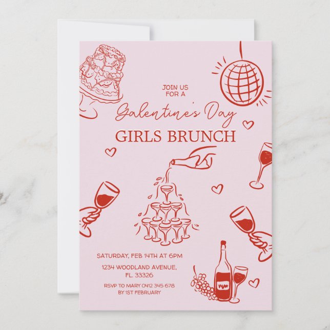 Handritad Rosa Galentine's Girls Night Party Inbjudningar (Framsida)