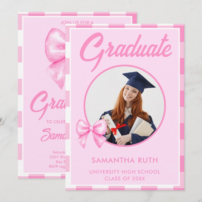 Handritad Rosa Gingham-slöja Examensfoto Inbjudningar (Fram/baksida)