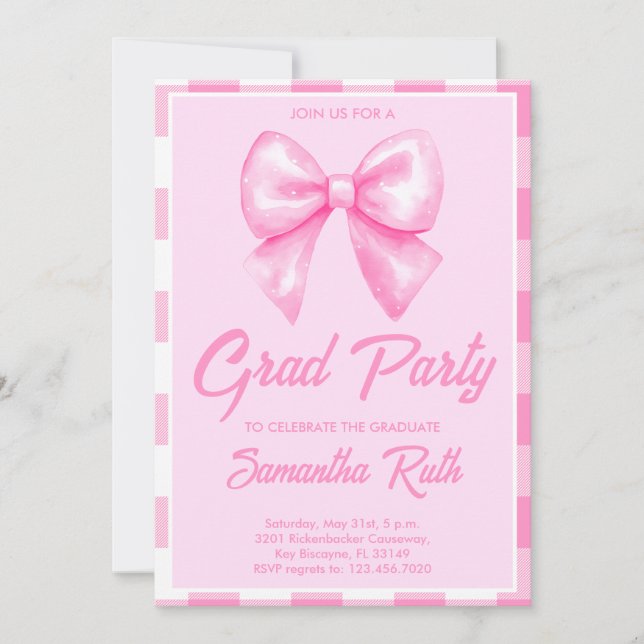 Handritad Rosa Gingham-slöja Examenstårtor Inbjudningar (Framsida)