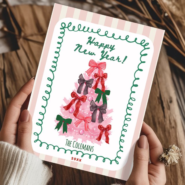 Handritad rosa grön nyårsträd hälsningar julkort (Skapare uppladdad)
